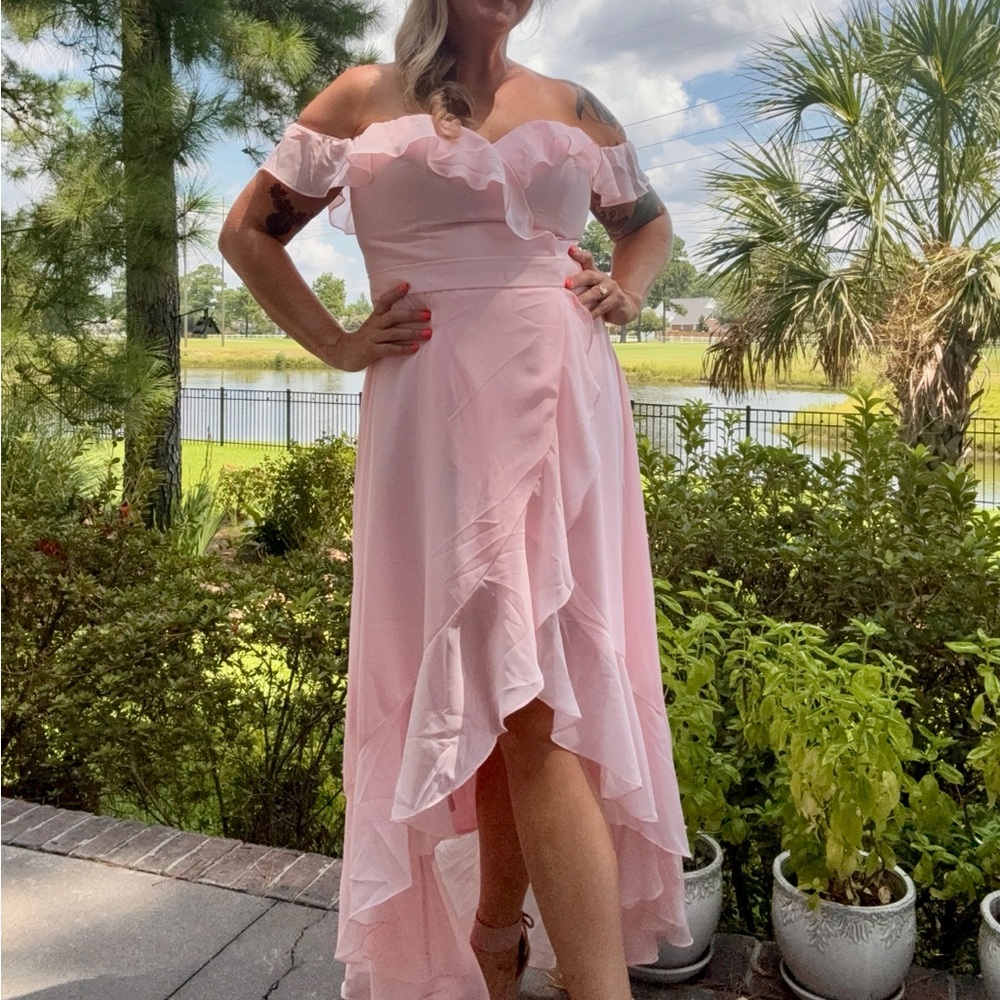 Elegant Off-Shoulder Pink High-Low Dress